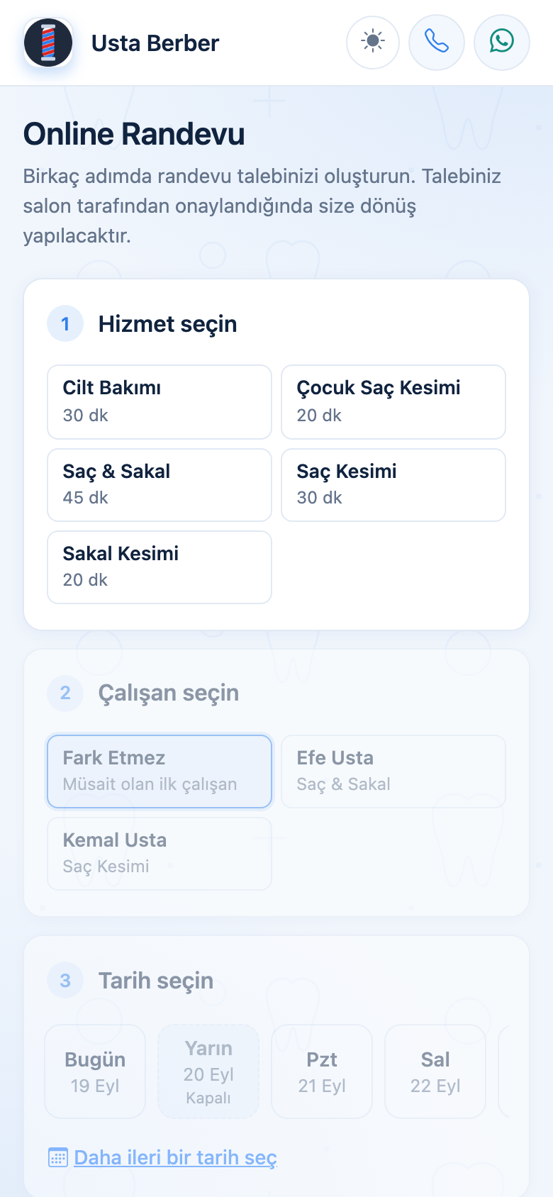 Müşterinin telefonundan randevu alması