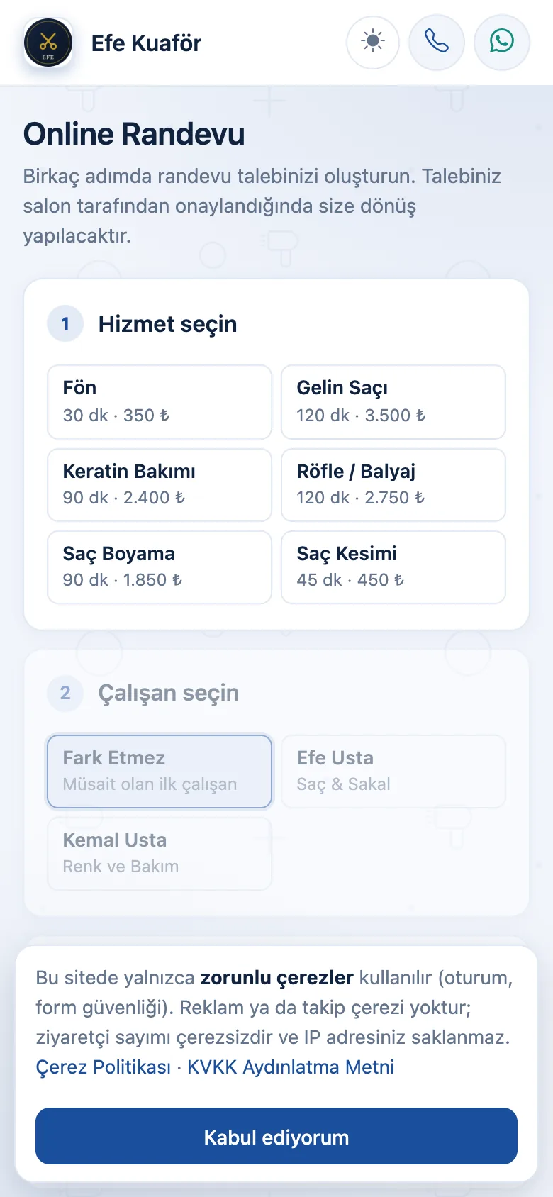 Müşterinin telefonundan randevu alması