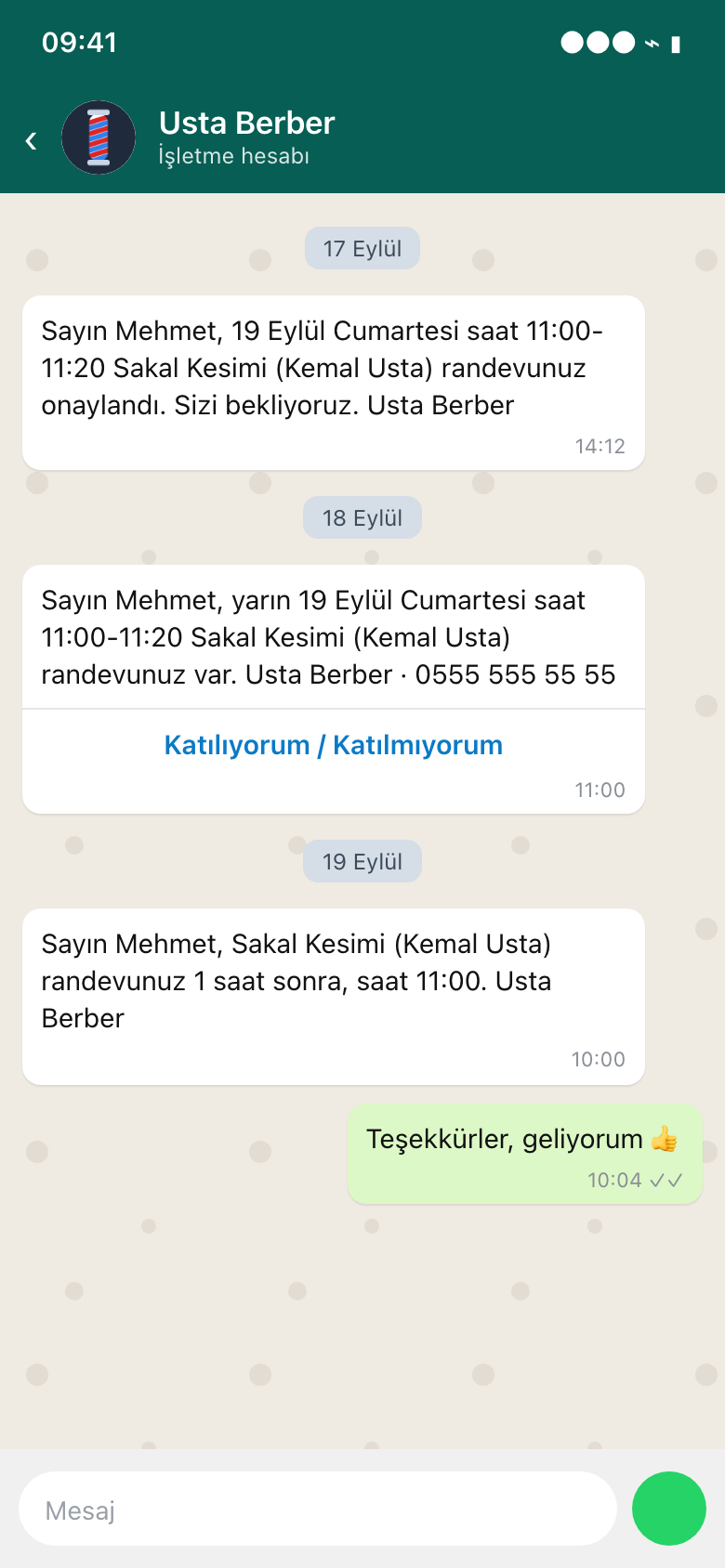 WhatsApp'tan giden onay ve hatırlatma mesajları